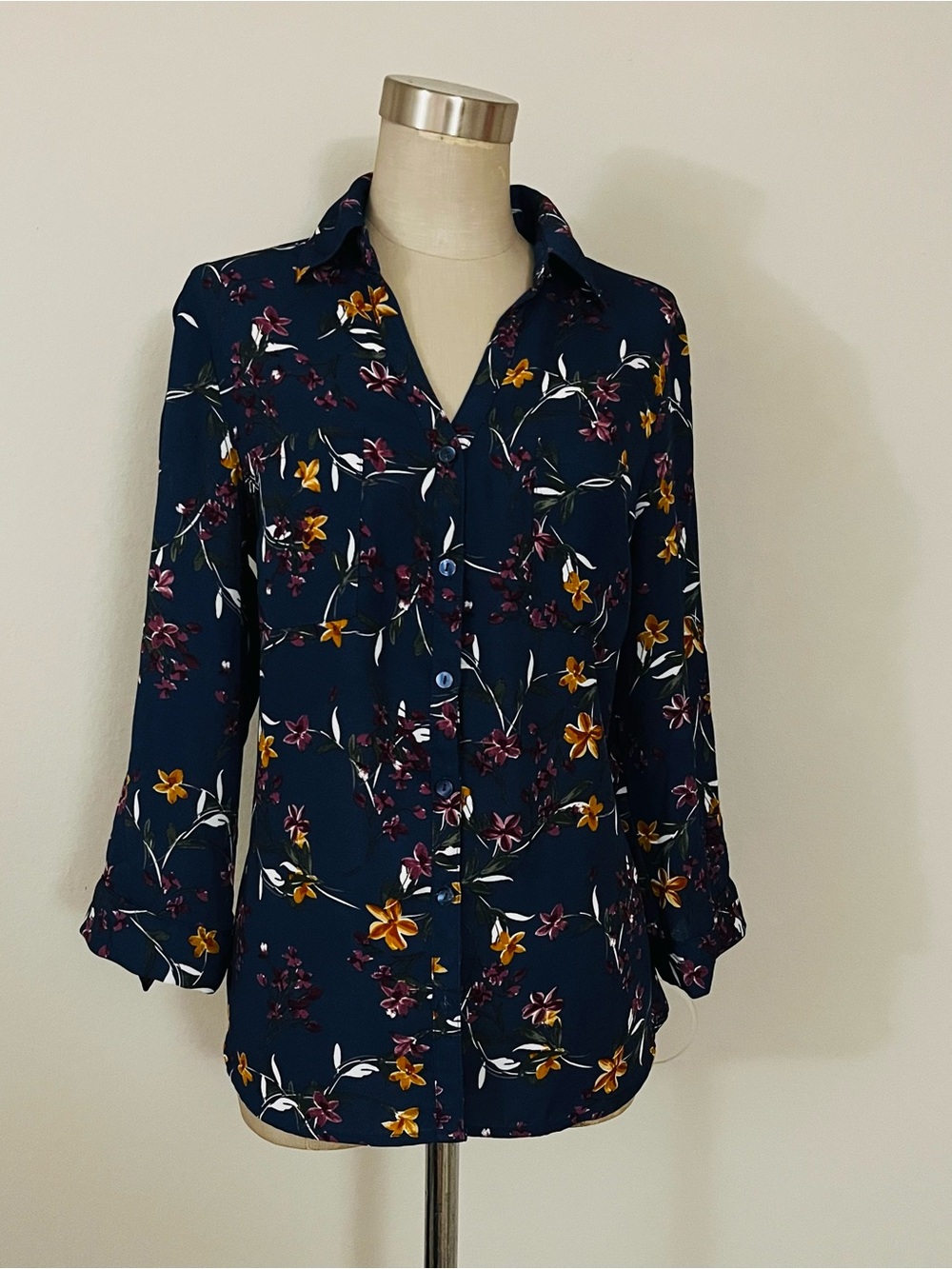 BCX Navy Floral Button-Front Shirt with Yellow & Burgundy Flowers